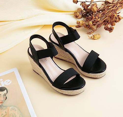 Jeossy Women's 8801 Black Wedge Sandals for Women,Ankle Strap Espadrille Sandals for Women Dressy Summer Size 6(DJY8801 Black 06)