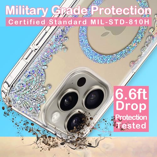 Coolwee Clear Glitter for iPhone 15 Pro Case Magnetic, Compatible with MagSafe, Thin Flower Slim Cute Crystal Lace Bling Women Girls Floral Hard Back Soft TPU Bumper Protective Cover Mandala Henna