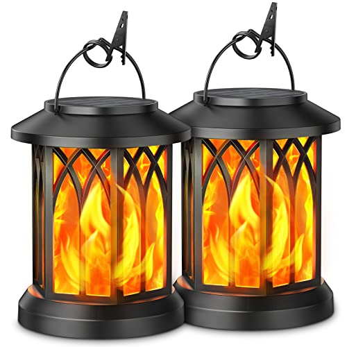 KOOPER Hanging Solar Lights Lantern Outdoor, Flickering Flames Solar Outdoor Lights, Solar Lanterns Outdoor Waterproof with Bigger Solar Panel, Auto ON/Off Solar Lantern for Yard Garden Decor, 2 Pack