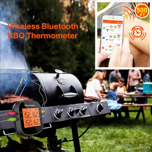 Cloud BBQ 500FT Wireless Meat Thermometer, Smart Rechargeable BBQ Thermometer with Four Probes, Bluetooth Meat Thermometer for Somker, Oven,Grilling, Cooking Turkey Fish Beef (FS-52)