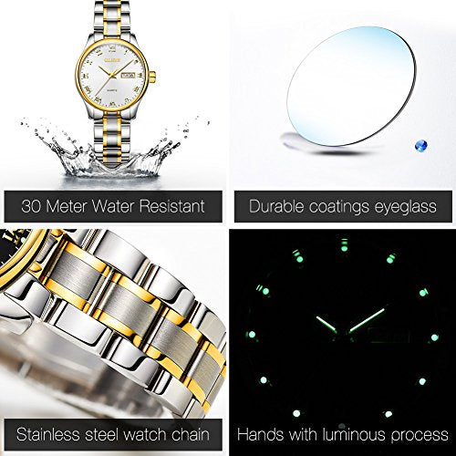 OLEVS Valentines Couple Pair Watches for Men and Women Lovers Romantic Wedding Gifts Set of 2,His and Hers Business Black Dial Quartz Day Date Wrist Watch Waterproof Luminous with Stainless Steel Band