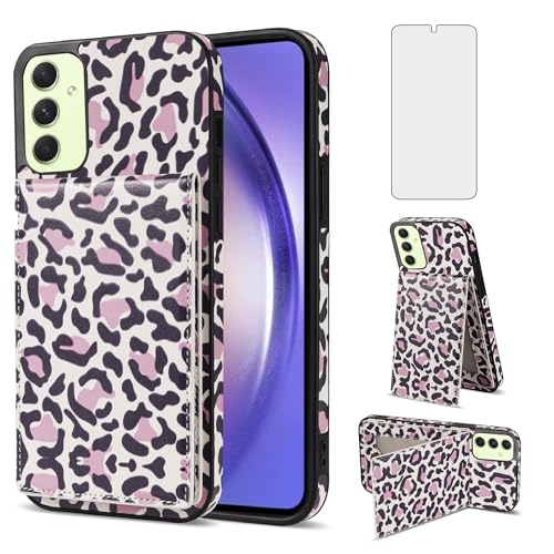 Phone Case for Samsung Galaxy A54 5G Wallet Cover with Tempered Glass Screen Protector and RFID Slim Credit Card Holder Slot Stand Cheetah Leopard Print Cell A 54 54A SM A546U 2023 Women Girl Men Pink