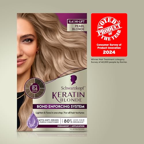 Schwarzkopf Keratin Blonde Hair Dye Pearl Blonde 11.4, Hi-Lift Permanent Color, 1 Application - Hair Color Enriched with Keratin, Lightens up to 4 Levels and Protects Hair from Breakage*