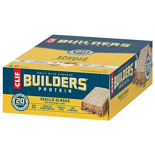 CLIF Builders - Vanilla Almond Flavor - Plant Based Protein Bars - Gluten Free - Non-GMO - Low Glycemic - 20g Protein - 2.4 oz. (12 Count)