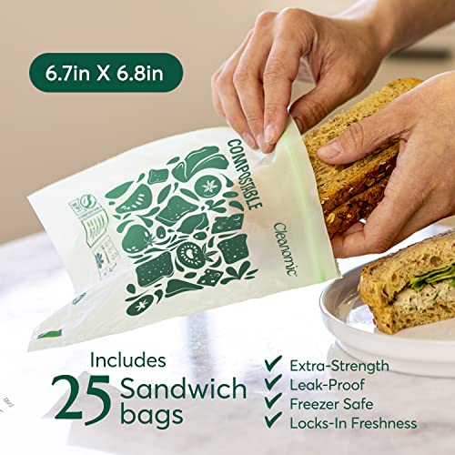 Cleanomic Compostable* Food Storage Bag Bundle – 1 Box Each of 25 Zip Quart Bags, 25 Zip Sandwich Bags, 50 Zip Snack Bags, and 25 13-Gallon Kitchen Waste Bags
