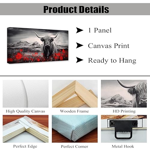 DOARTDO Highland Cow Canvas Wall Art Animal Painting Print Black and White Cattle and Red Flowers Picture Farmhouse Decor Frame (12.00" x 24.00", Highland Cow - 1)