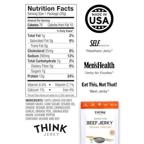 Think Jerky Beef and Turkey Jerky Variety Pack, Classic, Sweet Chipotle, Sriracha Honey, Sesame Teriyaki, Healthy Meat Snack, Low Calorie Low Fat - 1.0 oz Bags, 8 Pack, 2 of Each