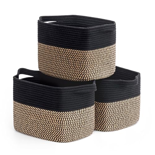 Goodpick Black Woven Rope Basket Set of 3, Shelf Storage Baskets for Books, Towels, clothes, Rectangle Decorative Basket for Living Room, Bedroom, Toy Bin for Nursery