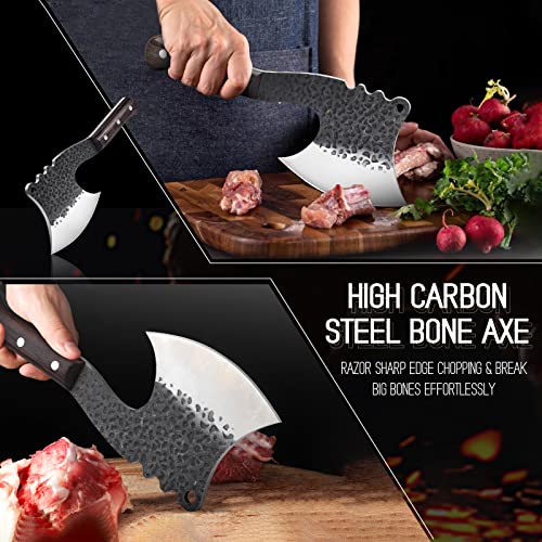 ROCOCO Meat Bone Cleaver Knife for Meat Cutting Handmade Heavy Duty Butcher Axes Hand Forged Full Tang Chopper for Kitchen Outdoor BBQ Mother Father Gifts Idea Men Black