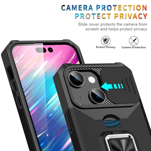 Phone Case Compatible for iPhone 15 Case Silicone Cover with Window Slide, Camera Protection, Card Holder Rotatable Ring Kickstand Magnetic Bumper Heavy-Duty Protector Solid Shockproof-Black