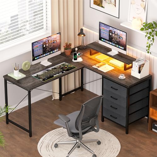 Homieasy L Shaped Desk with Drawers & Power Outlets, Reversible Computer Desk with LED Light and Monitor Stand, 50 Inch Home Office Gaming Work Study Desk with 4 Storage Drawers, Black Oak