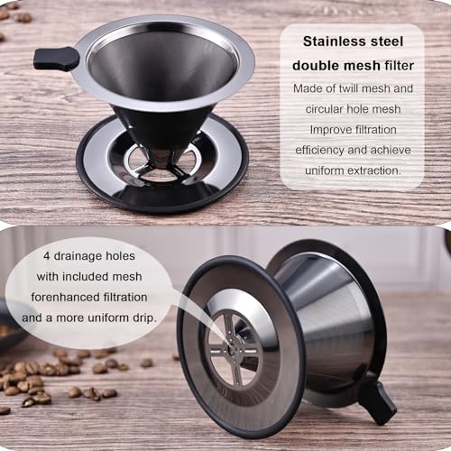 Single Cup Pour Over Coffee Dripper CAMPINGLIFE Reusable Stainless Steel Pour Over Coffee Filter Paperless Metal Coffee Strainer Coffee Maker(Black)