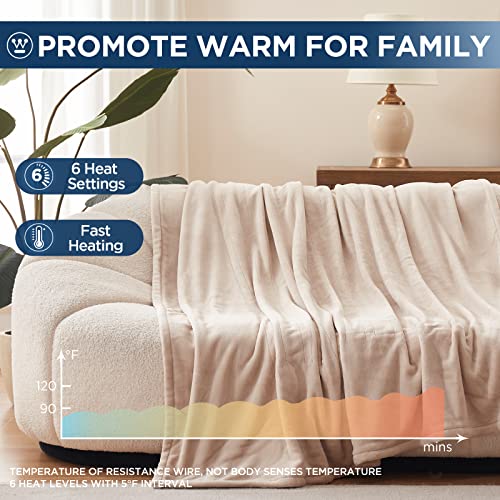 Westinghouse Electric Blanket Heated Throw, Super Cozy Soft Flannel 50" x 60" Heated Throw with 6 Fast Heating Levels & 2-10 Auto-Off, Machine Washable, ETL&FCC Certification, Home Office Use, Beige