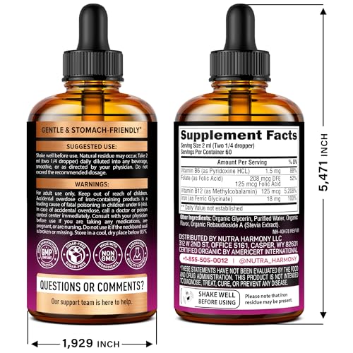 Liquid Iron Supplement for Women 18 mg - USDA Organic Drops, USA-Made - with Folate, Vitamin B12 & B6 - Iron Level & Energy - Gentle & High Absorption Glycinate Form - Cherry Flavor, Sugar-Free, 4 oz