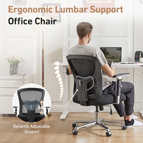 DUMOS Ergonomic Home Office Desk Chair 500lbs Mid Back with Lumbar Support & 4D Armrest, Height Adjustable Mesh Computer Gaming with Backrest & Swivel Wheels, Comfy for Heavy Duty, Black