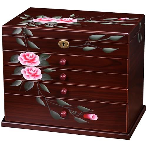 Xloverise Jewelry Box Wood for Wowen, 5-Layer Hand-Paint jewelry holder organizer with necklace hanger, Vintage large jewelry boxes organizer,Valentine's Day gift