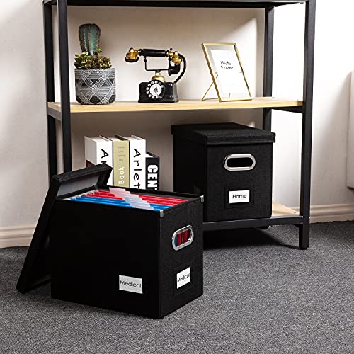 PRANDOM File Organizer Box - Set of 1 Collapsible Decorative Linen Filing Storage Hanging File Folders with Lids Office Cabinet Letter Size Black (14x9.3x10.8 inch)