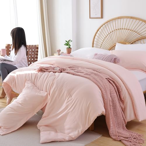 JANZAA Queen Comforter Set with Sheets 7 Piece Comforter Set Queen Bed in a Bag Pink Comforter with Microfiber Bed Pillow Cases Pillow Shams Fitted Flat Sheet Soft Blush Bedding Set All Season