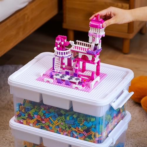 Citylife 17 QT Plastic Storage Box with Building Baseplate Lid and Removable Tray Craft Organizers and Storage Clear Storage Container for Organizing Bead, Tool, Sewing, Blue