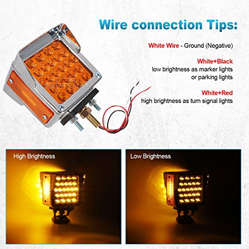Partsam 2Pcs Double Face Trailer Pedestal Turn Signal Parking Lights with Chrome Visors, Amber/Amber Dual Face Square 52 LED Fender Stud Mount Light for Trucks Trailers, Dual Studs