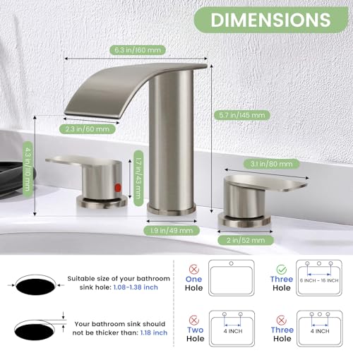 M OUDEMEI 3 Holes Waterfall Bathroom Faucet, 8 Inch Widespread Bathroom Sink Faucet, Two Handles Lavatory Vanity Sink Faucets with Pop-up Drain (Brushed Gold)