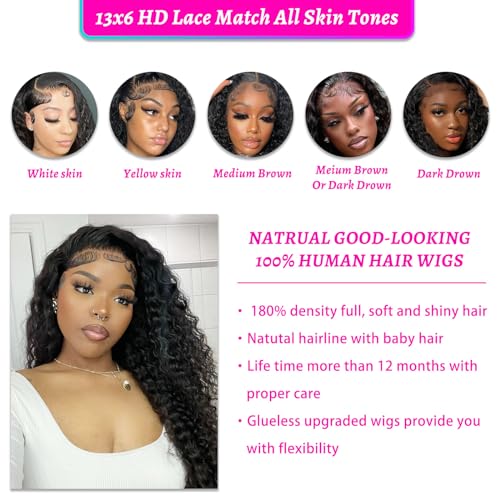 Rovess 613 Deep Wave Lace Front Wig Human Hair HD Transparent Lace Frontal Wig Human Hair 200% Density 13X6 Blonde Lace Front Wigs Human Hair Pre Plucked With Baby Hair Wigs for Women Blonde 24 Inch