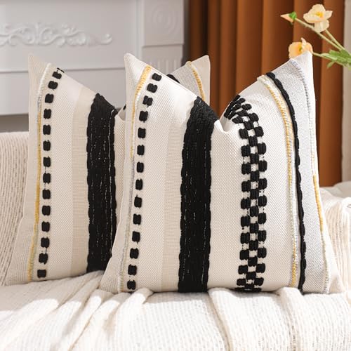 Tosleo Boho Throw Pillow Covers 18x18 Set of 2 Striped Decorative Pillow Cases Accent Chenille Pillowcases Farmhouse Cushion Case Bohemian Nuetral Textured Pillow Cover,Yellow and Gray