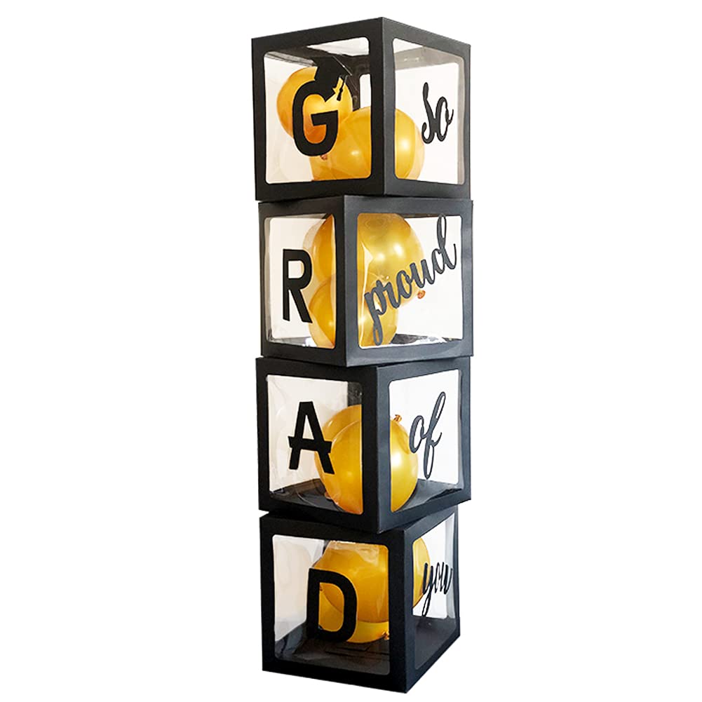Balloons Boxes Grad So Proud of You Graduations 2024 for Graduation Party Decorations Supplies for Indoor/Outdoor Home Door Décor 4 Pcs Black Balloons Transparent Boxes(NO Balloons)