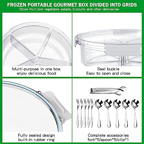 caktraie Condiment Tray [with 360° Rotating Tray Turntable] Stainless Steel 5 Spoons, 5 Forks and 1 Clip, Bar Ice Fruit Holder, Condiment Server, Compartment Tray with Lid