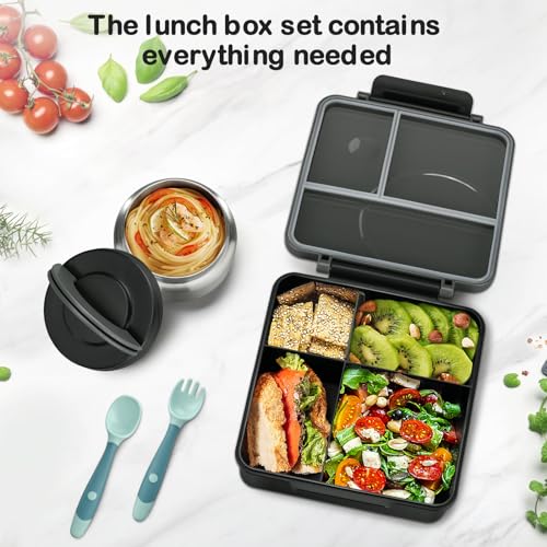 Bento Lunch Box Set for Kids with 8oz Soup Thermo, Leak-Proof Lunch Containers with 4 Compartment, Kids Thermo Hot Food Jar and Insulated Lunch Bag for Kids to School-Black