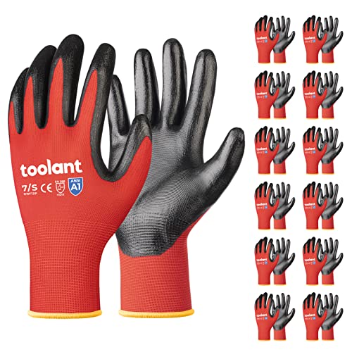 toolant Work Gloves for Men-12 Pairs, Nitrile Coated Work Gloves with Grip, Touch Screen Gloves for Warehouse, Mechanic, Construction, Gardening, Woodworking, Oil Resistant Gloves (Black, Small)