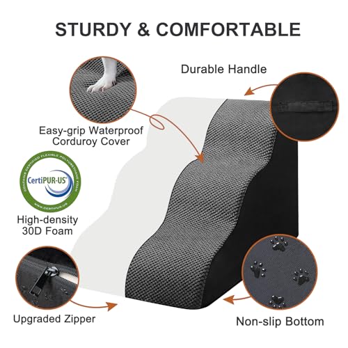 Dog Stairs Ramps for Small/Medium Dogs to Beds and Couch Up to 24'', 4-Step Dog Steps with Sturdy High-Density Foam, Pet Stairs with Non-Slip Bottom for Puppy and Cat, with Hair Remover Roller, White