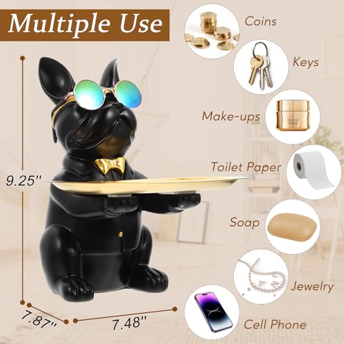 SuBleer French Bulldog Statues for Home Decor,Cute Dog Statue with Tray French Bulldog Accessories & Gifts,Black Or Brown Sculptures Home Decor,Coin Piggy Bank Storage Tray(Black)