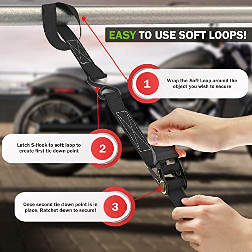 FORTEM Ratchet Straps (4), 1650lb Break Strength, 15ft Tie Down Strap, 4 Soft Loops, Motorcycle Straps Tie Downs, Cargo Straps for Trucks, Metal Hooks