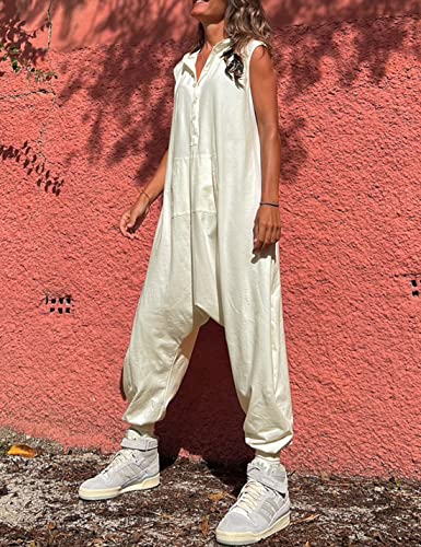 Tanming Hooded Jumpsuits for Women Casual Sleeveless Long Harem Pants Romper with Pockets (Beige-S)