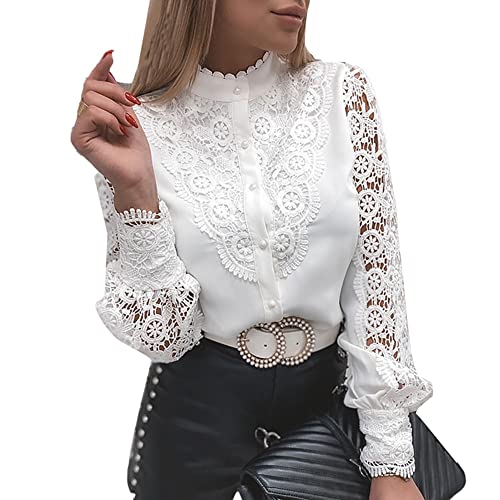 Rooscier Women's Lace Crochet Mock Neck Long Sleeve Button Elegant Blouse Shirt Top Caramel Small