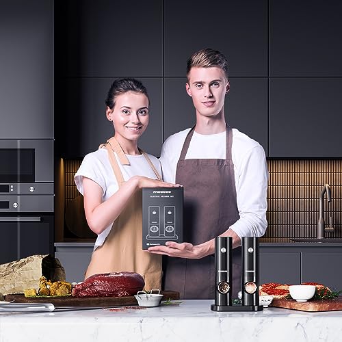 Electric Salt and Pepper Grinder Set with Rechargeable Base & LED Light - Upgraded Automatic Refillable Pepper Mill Shakers - Adjustable Coarseness, One-Hand Operation for Kitchen(2 Pack, Black&Black)