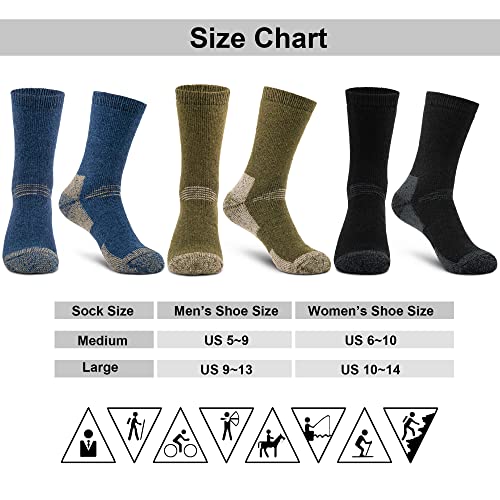 Time May Tell Mens and womens Merino Wool Hiking Cushioning Socks For Outdoor Wool-Socks-For-Men 3 Pack (Black/Green/Blue(3 Pairs) US Size 5-9