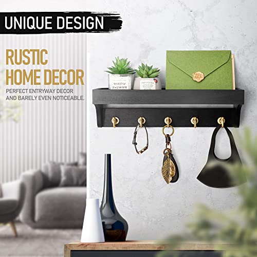 Rebee Vision Key Holder for Wall with Shelf : Decorative Key Organizer with 5 Rustic Keys Hooks and Primitive Wood Mail Organizer Wall Mount - Entryway Décor (Black)