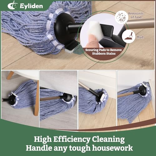 Eyliden String Mop with 2 Reusable Heads, Non-Touch Replacement Mops for Floor Cleaning, 4 Scouring Pads Adjustable Handle Floor Mop, Wet and Dry Cotton Mop for Any Surfaces, Commercial Home, Blue