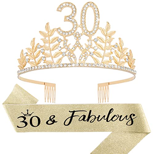 30th Birthday Sash and Tiara for Women, CIEHER 30th Birthday Decorations for Women Gold 30th Birthday Sash Birthday Crown 30 & Fabulous Sash for Women 30th Birthday Gifts for Her Happy 30 Birthday