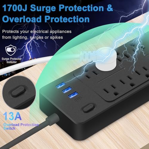Asamoom 15 FT 14-in-1 Power Strips with Surge Protection 1700J,10 Outlets with 4 USB Ports (1 USB C) Long Extension Cord with Multiple Outlets 16Awg 1625W/13A Flat Plug Power Strip Protector Black