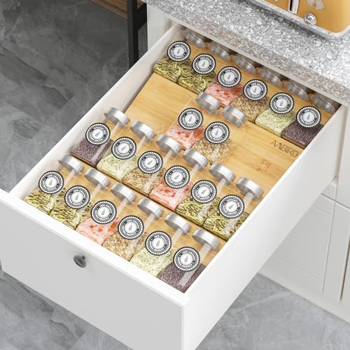 AMBIRD Bamboo Spice Drawer Organizer with Non-slip Mat,4 Tier Jar Spice Rack Tray 9.5'',Seasoning Organizer for Kitchen,Cabinet,Drawers,Countertop