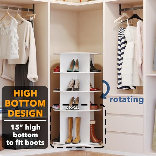 SpaceAid Rotating Shoe Rack 4 Tier Organizer, High Bottom Design Shoe Tower Spinning Storage Lazy Susan, Revolving Rack 360, Closet Handbag Display Rotate Organizers (White)