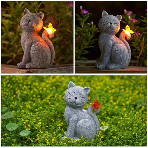 Qeeman Solar Garden Decor Cat Figurine: Sculpture for Outside and Home/Patio/Balcony/Yard Art Lawn Ornaments - Great House Warming Gifts for Women/Grandma