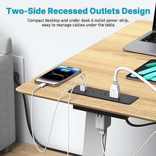 CCCEI 6 Outlets Dual Side Recessed Power Strip with USB C Ports, Furniture Flush Mount, Under Desk, Desk Top Multiple Outlets, Hidden Charging Station for Conference Table, Nightstand, Black. 6FT.