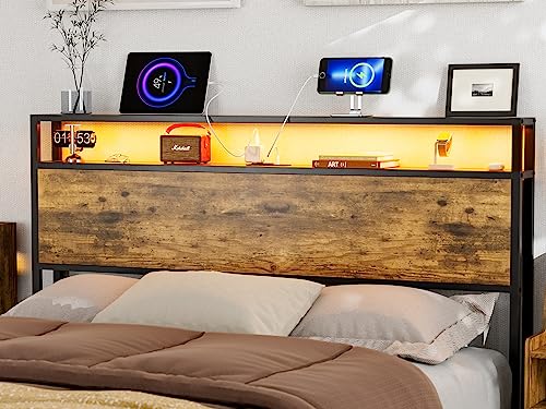 IKIFLY Full Size Storage Headboard with LED Lights & Charging Station - Industrial Metal and Wood Full Headboard Only for Bedroom, Attach Frame, Easy Assembly - Rustic Brown