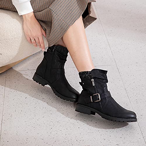 Hawkwell Women's Combat Boots Fashion Side Zipper Buckle Ankle Booties,Black PU,5 M US