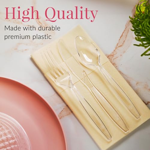 Prestee 100 Clear Plastic Spoons Heavy Duty - Silverware Spoons Plastic Disposable, Plastic Spoon Cutlery, Elegant Disposable Spoons Pack, Plastic Spoons Bulk Disposable Flatware, Plastic Utensils Set