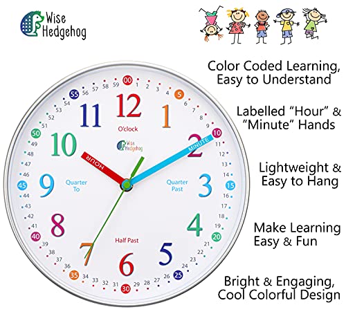 WISE HEDGEHOG Learning Clock for Kids, Silent Non Ticking, Telling Time Teaching Clock, Kids Room Wall Decor for Bedrooms, Analog Kids Clock for Teaching Time, Kids Learn to Tell Time Easily